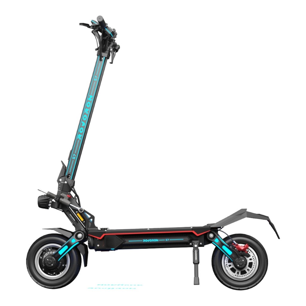 Rovoron S7 — profil gauche, freins disque rouges 160mm, RGB cyan